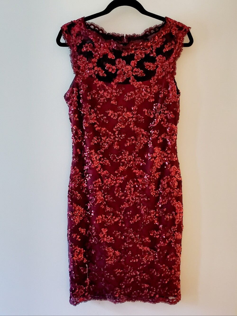 Frank Lyman Design Cherry Red Sequin Lace Midi Dress Cap Sleeves Boat Neck